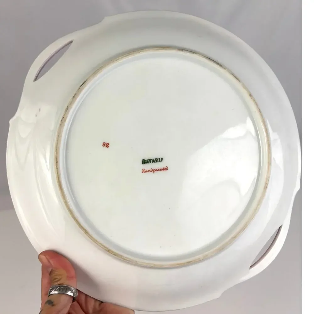 Antique Bavaria Germany Hand-Painted Porcelain Cake Plate Double Handle‎ Roses